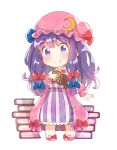  1girl blue_bow blue_ribbon bogyaku_no_m book book_stack bow chibi crescent crescent_hair_ornament dress frilled_hat frills full_body hair_bow hair_ornament hair_ribbon hat hat_ribbon looking_at_viewer mob_cap patchouli_knowledge pink_coat pink_hat pink_shoes purple_dress purple_hair red_bow red_ribbon ribbon shoe_bow shoes sidelocks smile solo striped striped_dress touhou tress_ribbon violet_eyes 