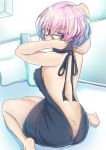 aran_sweater arms_up backless_outfit bangs bare_back bare_legs bare_shoulders barefoot black-framed_eyewear blush breasts butt_crack covered_mouth drawstring dress eyebrows_visible_through_hair fate/grand_order fate_(series) from_behind halterneck husimineko indoors looking_at_viewer looking_back medium_breasts meme_attire naked_sweater no_bra no_panties on_bed open-back_dress pillow pink_hair ribbed_sweater shielder_(fate/grand_order) short_hair sitting sweater sweater_dress turtleneck turtleneck_sweater violet_eyes virgin_killer_sweater wariza