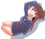  1girl bangs bare_legs barefoot blush breasts brown_hair collared_shirt dress eyebrows_visible_through_hair feet kagari_atsuko little_witch_academia long_hair long_sleeves lying necktie on_back open_mouth red_eyes shadow shirt sidelocks simple_background smile solo teeth thighs white_background wide_sleeves 