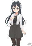  &gt;:&lt; 1girl asashio_(kantai_collection) black_hair blue_eyes blush casual closed_mouth cosplay dated hairband hand_on_own_chest haruna_(kantai_collection) haruna_(kantai_collection)_(cosplay) jacket jewelry kantai_collection long_hair nonono_(mino) pantyhose pendant simple_background solo white_background white_jacket 