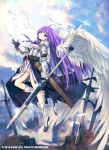  1girl ahoge angel_wings armor aselia_bluespirit belt boots clouds dress eien_no_aselia feathers floating gloves halo highres hitomaru knee_boots long_hair official_art panties polearm purple_hair sheath sky solo spear sword underwear violet_eyes waist_cape weapon white_panties wind wind_lift wings 