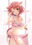  1girl animal_ears arms_up bangs bare_shoulders bell blush bow bow_bra bra breasts cat_girl cleavage fang green_eyes hair_ornament hairclip hand_on_own_face navel one_eye_closed open_mouth original panties pink_bow pink_hair sakura_hiyori see-through short_hair solo striped striped_bra striped_panties tail tears underwear 