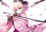  blonde_hair blush fate/extra kimono ribbon sakura_saber short_hair sword yellow_eyes 