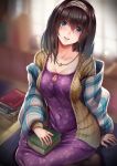  1girl black_hair blue_eyes blurry blush book breasts cleavage covered_navel depth_of_field hairband highres idolmaster idolmaster_cinderella_girls jewelry long_hair looking_at_viewer murasame_nohito necklace open_mouth pendant sagisawa_fumika shawl smile solo 