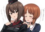  2girls ashiwara_yuu bangs black_jacket blue_jacket blush brown_eyes brown_hair dress_shirt garrison_cap girls_und_panzer green_shirt hands_on_another&#039;s_shoulders hat jacket long_sleeves looking_at_another looking_back military military_hat military_uniform multiple_girls nishizumi_maho nishizumi_miho open_mouth portrait red_shirt shirt short_hair siblings simple_background sisters smile standing throat_microphone translation_request uniform white_background 