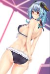  1girl ass bangs bikini black_bikini blue_hair blush breasts cowboy_shot dimples_of_venus erect_nipples frilled_bikini frills from_behind glasses halter_top halterneck headgear infinite_stratos looking_at_viewer looking_back medium_breasts parted_lips red_eyes sarashiki_kanzashi semi-rimless_glasses solo swimsuit under-rim_glasses zucchini 