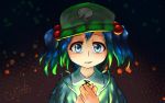  1girl blue_eyes blue_hair dark_background green_hat hair_bobbles hair_ornament hands_clasped hat kawashiro_nitori lights looking_at_viewer touhou two_side_up u-eruto 