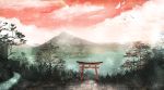  akyuun bird clouds crescent_moon highres lake landscape moon mountain multiple_moons no_humans original red_sky scenery sky torii tree 