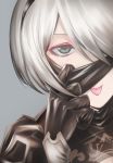  1girl :p black_dress black_hairband blindfold blindfold_lift cleavage_cutout dress eyelashes face grey_background hair_between_eyes hair_over_one_eye hairband juliet_sleeves katou_takaaki long_sleeves nier_(series) nier_automata no_mole one_eye_covered puffy_sleeves ribbed_dress short_hair silver_hair simple_background solo tongue tongue_out turtleneck upper_body white_hair yorha_no._2_type_b 