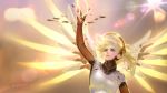  1girl 2016 arm_up backlighting blonde_hair blue_eyes blurry blurry_background bodysuit breasts brown_background dated eyelashes glowing glowing_wings lens_flare light light_smile mechanical_halo mechanical_wings medium_breasts mercy_(overwatch) messy_hair nose overwatch pink_lips signature solo spread_wings upper_body wings yellow_wings yu-han_chen 