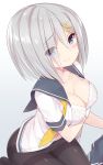  1girl black_legwear blue_eyes blush bra breast_hold breasts cleavage collarbone eyebrows_visible_through_hair eyes_visible_through_hair gradient gradient_background hair_ornament hairclip hamakaze_(kantai_collection) kantai_collection medium_breasts open_clothes open_shirt pantyhose shirt silver_hair simple_background sitting skirt skirt_removed solo thighband_pantyhose underwear watanohara white_bra 