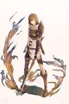  1girl armor armored_boots asymmetrical_clothes bangs black_gloves boots breastplate brown_boots brown_eyes brown_hair closed_mouth expressionless fantasy full_body gloves highres holding holding_sword holding_weapon knee_boots looking_at_viewer mismatched_legwear original pip_(red_juice1869) robe short_hair shoulder_guard solo standing sword tsurime vambraces weapon 