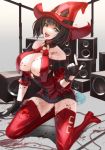  1girl bangs bare_shoulders beckoning black_gloves black_hair blood blood_stain bloody_clothes blunt_bangs boots breasts cleavage fingerless_gloves full_body gloves green_eyes guilty_gear hat i-no instrument kneeling large_breasts licking_lips looking_at_viewer mingou91 mole o-ring_top open_mouth red_boots short_hair solo speaker thigh-highs thigh_boots tongue tongue_out witch_hat 