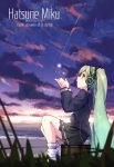  1girl artist_name beach character_name clouds from_side green_eyes green_hair hatsune_miku headphones highres long_hair ocean sitting skirt sky solo spring_onion sunrise twintails very_long_hair vocaloid water zhayin-san 