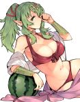  1girl bikini blush bracer breasts chiki cleavage fire_emblem fire_emblem:_kakusei fire_emblem:_mystery_of_the_emblem fire_emblem_heroes food front-tie_top fruit gebyy-terar green_eyes green_hair hair_ornament hair_ribbon large_breasts long_hair looking_at_viewer navel pointy_ears ponytail red_bikini red_ribbon ribbon sarong simple_background sketch solo swimsuit watermelon white_background 