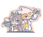  2girls animal_ears blonde_hair blue_eyes bowl brown_eyes brown_hair chibi cup fox_tail futatsuiwa_mamizou glasses gourd hat kitsune_udon leaf leaf_on_head looking_back multiple_girls multiple_tails one_eye_closed ooyama_bokuchi pince-nez raccoon_ears raccoon_tail sitting tabard tail touhou udon yakumo_ran yunomi 