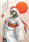  1girl 2017 bird breasts chicken green_eyes green_hair highres hood hoodie japanese_clothes jikeshi kimono long_hair looking_at_viewer original rooster solo 