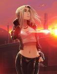  1girl blonde_hair blue_eyes breasts crop_top eve_online eyebrows fingerless_gloves gloves jacket jewelry leather leather_jacket leather_pants lens_flare lips long_hair midriff mike_nesbitt navel necklace nose open_clothes open_jacket pants small_breasts solo space_craft starfighter sunset 