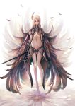  1girl bangs bare_legs barefoot black_wings blonde_hair breasts closed_mouth expressionless fantasy feathered_wings feathers floating full_body gauntlets highres hips horn long_hair looking_at_viewer medium_breasts multiple_wings navel original pip_(red_juice1869) revealing_clothes skinny solo violet_eyes wings 