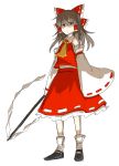  1girl absurdres ascot bangs black_shoes bow brown_eyes brown_hair closed_mouth detached_sleeves eyebrows_visible_through_hair full_body gohei hair_bow hair_tubes hakurei_reimu highres kan_(aaaaari35) long_hair mary_janes red_bow red_skirt ribbon-trimmed_sleeves ribbon_trim shaded_face shide shoes sidelocks simple_background skirt skirt_set sleeves_past_wrists socks solo standing touhou white_background white_legwear wide_sleeves 