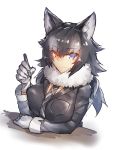  1girl animal_ears bangs black_hair black_jacket blue_eyes breast_pocket breasts closed_mouth commentary_request eyebrows_visible_through_hair fur_collar gloves grey_hair grey_wolf_(kemono_friends) heterochromia highres jacket kemono_friends large_breasts long_hair long_sleeves looking_at_viewer melon22 multicolored_hair pen pocket silver_necktie smile solo tsurime two-tone_hair upper_body white_gloves wolf_ears yellow_eyes 