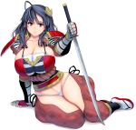  1girl ahoge black_hair breasts brown_eyes cleavage collarbone curvy full_body highres huge_breasts jitome katana long_hair looking_at_viewer masao navel original samurai simple_background sitting skindentation solo sword thighs weapon white_background wide_hips 