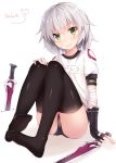  1girl :3 artist_name assassin_of_black bandaged_arm bangs black_gloves black_legwear blush buruma cat closed_mouth crossed_bangs dagger dual_wielding eyebrows_visible_through_hair fate/apocrypha fate_(series) fingerless_gloves gloves green_eyes gym_uniform highres knees_up looking_at_viewer name_tag scar scar_across_eye scar_on_cheek short_hair short_sleeves signature silver_hair simple_background sin-poi sitting smile solo thigh-highs thighs weapon white_background |_| 