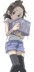  absurdres black_legwear blue_shirt box brown_eyes brown_hair cold denim denim_shorts fingernails highres holding holding_box ice looking_at_viewer no_bangs shirt short_hair short_sleeves shorts simple_background thigh-highs white_background white_shirt yamamoto_souichirou 