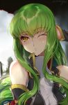  1girl ;o bangs bare_shoulders breasts c.c. code_geass creayus detached_sleeves eyebrows_visible_through_hair green_hair long_hair medium_breasts one_eye_closed open_mouth rain sidelocks sleeveless sleeveless_turtleneck triangle_mouth turtleneck upper_body water wet yellow_eyes 