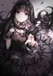  1girl bangs black_dress black_hair black_nails blunt_bangs blurry closed_mouth collar depth_of_field dress eyebrows_visible_through_hair feathers finger_to_chin grey_eyes hand_up imi_fumei light_smile long_hair looking_at_viewer nail_polish original outstretched_hand solo 