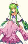  1girl artist_name blush brooch c.c. capelet closed_mouth code_geass collarbone cosplay creayus eyebrows_visible_through_hair filia_ul_copt filia_ul_copt_(cosplay) frilled_skirt frills gem green_hair hat jewelry knees_together_feet_apart knees_up long_hair long_skirt long_sleeves panties pink_skirt sapphire_(stone) sidelocks simple_background skirt slayers slayers_try solo twitter_username underwear very_long_hair white_hat white_legwear white_panties wide_sleeves yellow_background yellow_eyes 