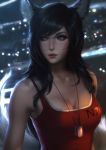 1girl ahri animal_ears black_hair blue_eyes breasts cleavage crossover dog_tags fox_ears fox_tail highres league_of_legends long_hair mass_effect raikoart solo tail whisker_markings 