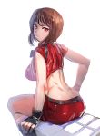  &gt;:/ 1girl belt black_bow black_gloves blush bow bow_(bhp) breasts brown_hair butt_crack closed_mouth crop_top fingerless_gloves from_behind gloves hair_bow hair_over_shoulder large_breasts long_hair looking_at_viewer looking_back original red_eyes short_shorts shorts sitting solo 