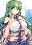  1girl bangs blush bra breasts closed_mouth commentary_request detached_sleeves frog_hair_ornament green_eyes green_hair hair_ornament highres japanese_clothes kochiya_sanae large_breasts long_hair nontraditional_miko see-through shirt sleeveless sleeveless_shirt smile snake_hair_ornament solo touhou umigarasu_(kitsune1963) underwear upper_body wide_sleeves 