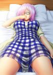  1girl black-framed_eyewear breasts fate/grand_order fate_(series) foreshortening hair_over_one_eye highres hitotsuki_nebura large_breasts lavender_hair lying on_back on_bed pajamas parted_lips pillow shielder_(fate/grand_order) short_hair short_sleeves sleeping solo 