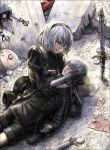  1boy 1girl blue_eyes boots breasts building burunuu_(bullnukko) buttons choker cleavage cleavage_cutout dress eyelashes feather-trimmed_sleeves gloves holding juliet_sleeves katana long_sleeves lying machine mole mole_under_mouth nier_(series) nier_automata on_back open_mouth pod_(nier_automata) puffy_sleeves rubble sad short_hair shorts sword weapon yorha_no._2_type_b yorha_no._9_type_s 