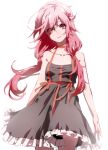  1girl 3: backlighting bangs black_dress breasts closed_mouth collarbone dress g.g.lemon guilty_crown hair_between_eyes hair_ornament highres long_hair looking_to_the_side low_twintails pink_eyes pink_hair simple_background small_breasts solo twintails upper_body white_background yuzuriha_inori 