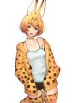  1girl animal_ears bare_shoulders blonde_hair blush bow bowtie cat_ears cat_tail kemono_friends looking_at_viewer open_clothes open_mouth serval_(kemono_friends) serval_ears serval_print serval_tail short_hair shorts simple_background smile solo standing tail tank_top thigh-highs tsukino_wagamo white_background 