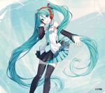  1girl :d absurdly_long_hair black_legwear blue_eyes blue_hair blue_necktie detached_sleeves eyebrows_visible_through_hair floating_hair hair_between_eyes hand_in_hair hand_on_headphones hatsune_miku head_tilt headphones highres ixima long_hair looking_at_viewer necktie open_mouth outstretched_arm pleated_skirt shirt skirt sleeveless sleeveless_shirt smile solo standing thigh-highs twintails very_long_hair vocaloid white_shirt 