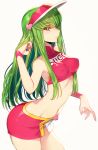  1girl arched_back armpits bangs bare_shoulders breasts c.c. code_geass cosplay creayus crop_top eyebrows_visible_through_hair from_side future_gpx_cyber_formula green_hair hand_in_hair heart high_collar large_breasts long_hair looking_at_viewer miniskirt nail_polish navel red_shirt red_skirt shirt skirt smile solo sugou_asuka sugou_asuka_(cosplay) visor_cap white_background wristband yellow_eyes 