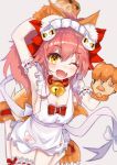  1girl ;d animal_ears apron arm_up armpits bad_id bad_pixiv_id bangs bell bell_collar blurry blush bow bowtie breasts cat_hair_ornament claws cleavage collar eyebrows_visible_through_hair fang fate/extra fate/grand_order fate_(series) fox_ears fox_tail gloves hair_between_eyes hair_bow hair_ornament highres jingle_bell knees_together leg_garter looking_at_viewer maid_headdress naked_apron one_eye_closed open_mouth paw_gloves paw_print paws pink_hair pocket ponytail red_bow ribbon_trim sakurano_shiyue sash simple_background smile solo tail tamamo_(fate)_(all) tamamo_cat_(fate) white_bow yellow_eyes 