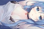 1girl artist_name bangs blue_eyes blue_hair blush breasts cleavage copyright_name emori_miku emori_miku_project eyebrows_visible_through_hair heart_choker large_breasts long_hair looking_at_viewer miko_92 parted_lips see-through sideways solo tank_top torn_clothes watermark wet 