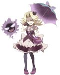  &gt;:d 1girl :d ^_^ armpits bag bare_arms black_eyes black_legwear blonde_hair closed_eyes collarbone commentary_request fangs frills full_body gastly gloves hair_intakes hair_ornament hand_up handbag highres holding holding_umbrella kikuko_(pokemon) looking_at_viewer mary_janes open_mouth pantyhose pokemon pokemon_(game) pokemon_rgby purple_gloves purple_shoes shoes short_hair simple_background sleeveless smile standing umbrella white_background yarumi_(suina) younger 