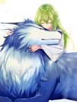  androgynous animal blush enkidu_(fate/strange_fake) fate/grand_order fate/strange_fake fate_(series) green_hair highres hug lobo_(fate/grand_order) long_hair smile wolf yuya_(night_lily) 