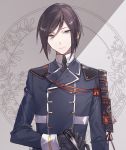  1boy black_gloves black_hair closed_mouth double-breasted eyebrows_visible_through_hair gloves grey_eyes holding imi_fumei light_smile looking_at_viewer male_focus military military_uniform solo touken_ranbu uniform upper_body yagen_toushirou 