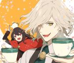  1boy 1girl black_hair coffee cup demon_archer edmond_dantes_(fate/grand_order) fate/grand_order fate_(series) japanese_clothes koha-ace long_hair looking_at_viewer male_focus mou_(mooooow) open_mouth red_eyes short_hair smile wavy_hair white_hair yellow_eyes 