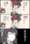  /\/\/\ 2girls 3koma :3 arm_up asymmetrical_hair bare_shoulders black_hair brown_eyes comic commentary_request hair_between_eyes hair_ornament hat headgear headphones highres i-14_(kantai_collection) kantai_collection kuon_(nokokopopo) looking_at_viewer multiple_girls nontraditional_miko one_eye_closed open_mouth red_eyes sailor_collar salute school_swimsuit short_hair swimsuit translation_request yamashiro_(kantai_collection) 