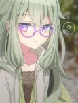 1girl ? bespectacled blurry blurry_background brown_camisole buttons camisole cardigan casual collarbone drawstring esreverebirth glasses green_cardigan hair_flaps highres hood hood_down kusanagi_nene lace-trimmed_camisole lace_trim layered_clothes light_green_hair long_hair looking_at_viewer low-tied_long_hair open_clothes outdoors parted_lips project_sekai purple-framed_eyewear semi-circular_eyewear signature solo spoken_question_mark upper_body violet_eyes 