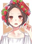  1girl blush boater_hat brown_eyes brown_hair close-up collarbone dress food forehead fruit hami_yura hat highres holding holding_food looking_at_viewer open_mouth original portrait red_hat short_hair solo strawberry upper_body white_dress 