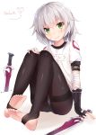  1girl :3 artist_name assassin_of_black bandaged_arm bangs black_gloves black_legwear blush buruma cat closed_mouth crossed_bangs dagger dual_wielding eyebrows_visible_through_hair fate/apocrypha fate_(series) feet fingerless_gloves gloves green_eyes gym_uniform highres knees_up looking_at_viewer name_tag no_shoes pantyhose scar scar_across_eye scar_on_cheek short_hair short_sleeves signature silver_hair simple_background sin-poi sitting smile soles solo thighband_pantyhose thighs toeless_legwear toes underwear weapon white_background |_| 